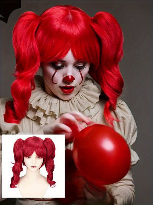 Women's Heat-Resistant Synthetic Fiber Curly Red Wig with Blonde Roots & Red Balloon-Style Hair - Scary Clown Costume for Halloween, Circus, Cosplay - Comfortable & Easy-Care Wavy Hair Design, Vibrant -Lasting Color, Versatil SS69