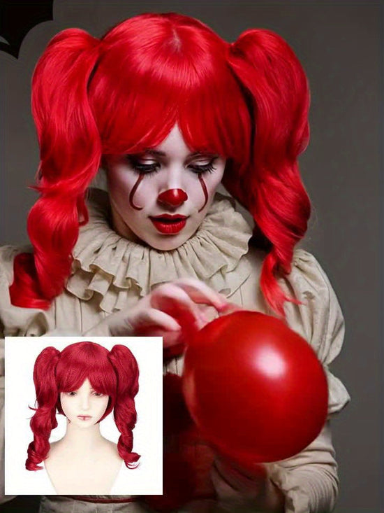 Women's Heat-Resistant Synthetic Fiber Curly Red Wig with Blonde Roots & Red Balloon-Style Hair - Scary Clown Costume for Halloween, Circus, Cosplay - Comfortable & Easy-Care Wavy Hair Design, Vibrant -Lasting Color, Versatil SS69
