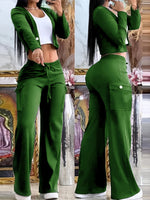 Women'S Stylish Green Two-Tone Knit Cardigan & Pants Set - Polyester Blend, V-Neck, Button-Up, Fall & Winter Casual Wear, Casual Wear|Trendy Casualwear|Polyester Blend SS69