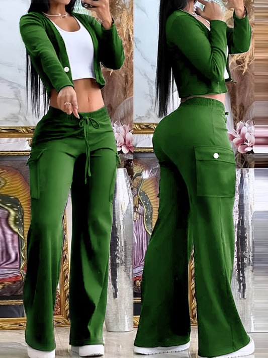 Women'S Stylish Green Two-Tone Knit Cardigan & Pants Set - Polyester Blend, V-Neck, Button-Up, Fall & Winter Casual Wear, Casual Wear|Trendy Casualwear|Polyester Blend SS69