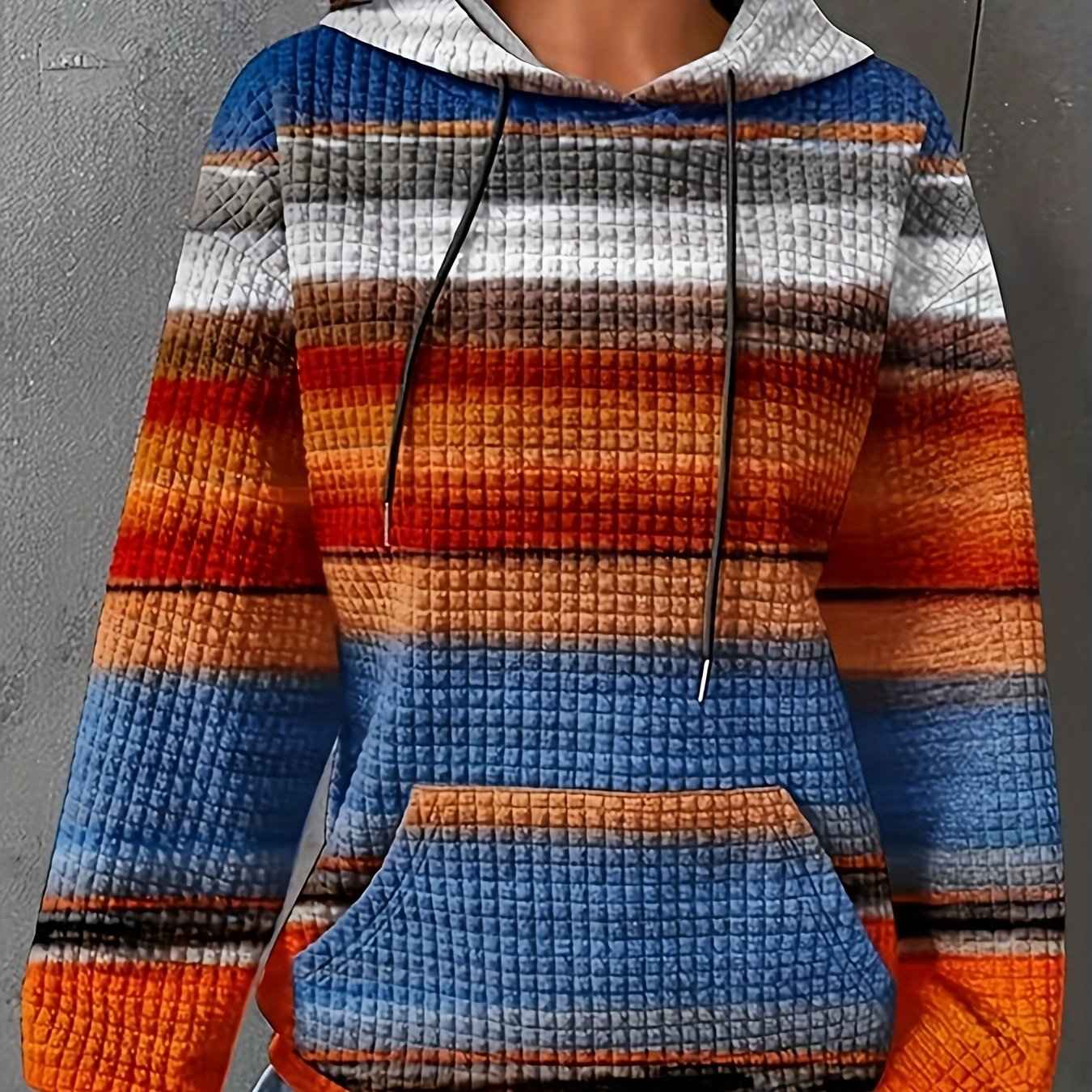 Plus Size - Women'S Plus Size Oversized Hoodie - Cozy Fall/Winter Sweatshirt with Drawstring Hood & Side Pockets, Blue/Orange/Red/Black/Gray Striped Pullover for Everyday & Formal Outfits - Casual Loose Fit Sweater, Sweater H