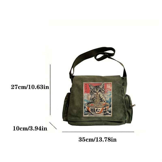 Large Capacity Shoulder Bag, Vintage Tote Crossbody Bag, Messenger Bag Supplementary Bag, Eating Ramen Cat Print, Suitable for Various Scenarios, Great Choice for Shopping, Travel, and Eating Out, Gift