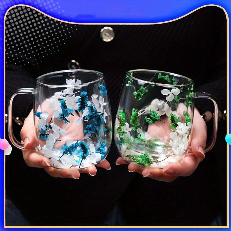 1pc Innovative Double Glass with Real Dry Flowers-High Borosilicate Glass, Suitable for Coffee and Tea-Ideal for Home, Office or Bar Use. SS69