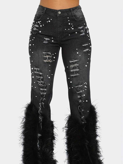 Denim Ripped Design Pearl Embellished Jeans