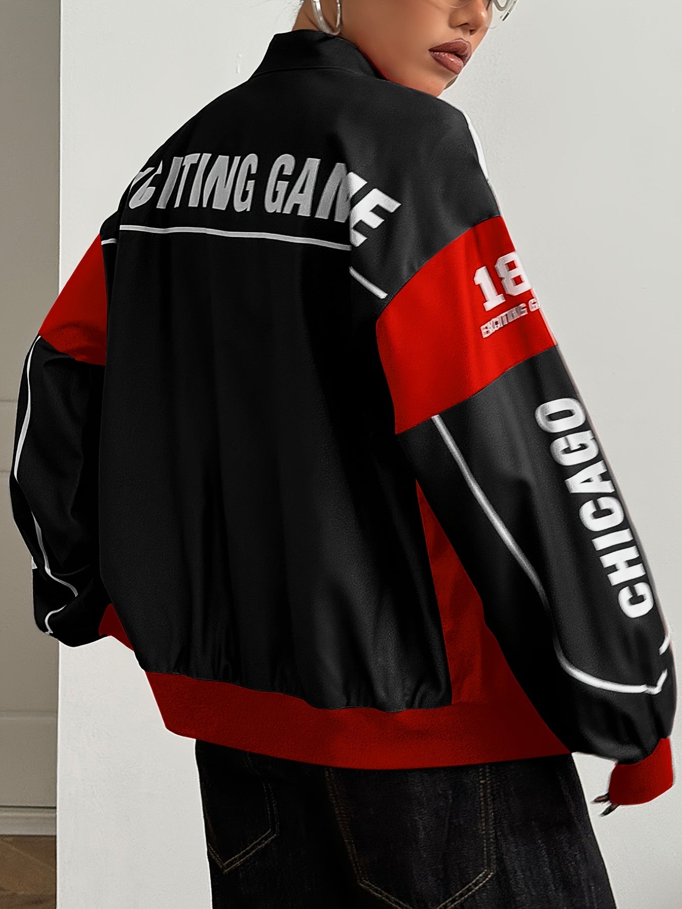 Women'S Vintage-Inspired Letter Print Bomber Jacket - Long Sleeve Zip-Up with Stand Collar, Lightweight Polyester, Black & White Design, Casual Chic for All Seasons SS69