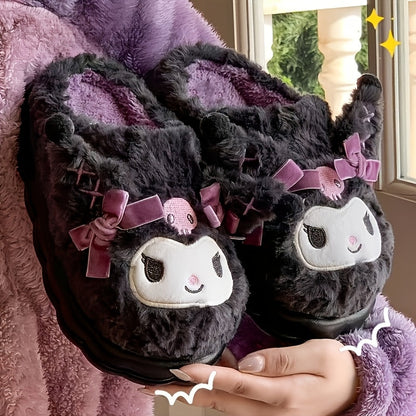 1 Pair Sanrio Hello Kitty Kuromi Women's Plush Slippers - Cute Character Design with Bows, Soft Fabric Upper & Lining, Non-Slip PVC Sole, Warm Winter Indoor House Shoes for Women, Playful Design, Comfortable Footwear SS69 18.69 Black / US 6.5-7