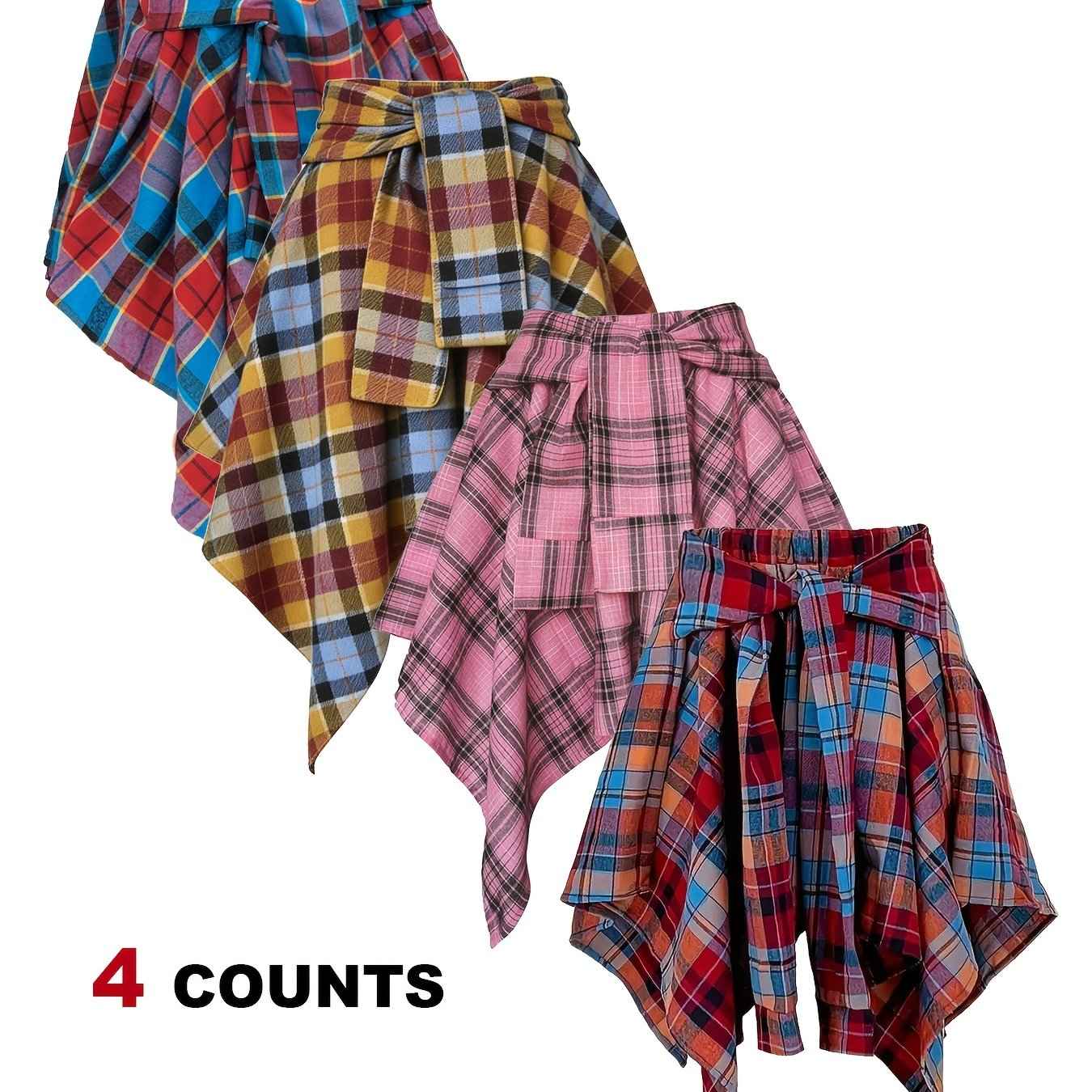 Plus Size - Plus Size - 4-Pack Plus Size Pleated Plaid Skirt | Women High Waist A-Line Elastic Waist Midi Skirt Casual Vintage Checkered Skirt With Slight Stretch Fabric