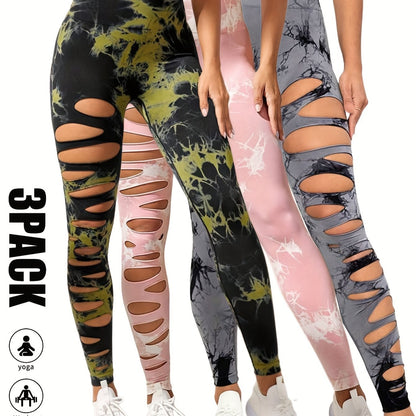 3 Pack High Waist Tie Dye Cutout Yoga Leggings - Scrunch Butt Lifting, Tummy Control, Elastic Workout Pants for Women SS69 42.69 3 Pack-GRY-LGN-PNK / M
