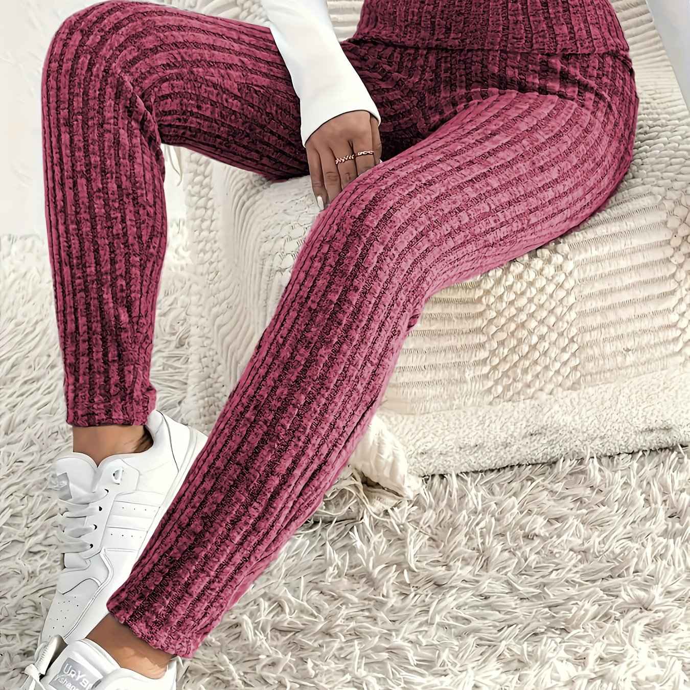 1pc Plus Size High Waist Solid Color Knit Leggings, Casual Stretchy Slimming Tights for Women, Polyester Knitted Fabric, Autumn/Winter Season