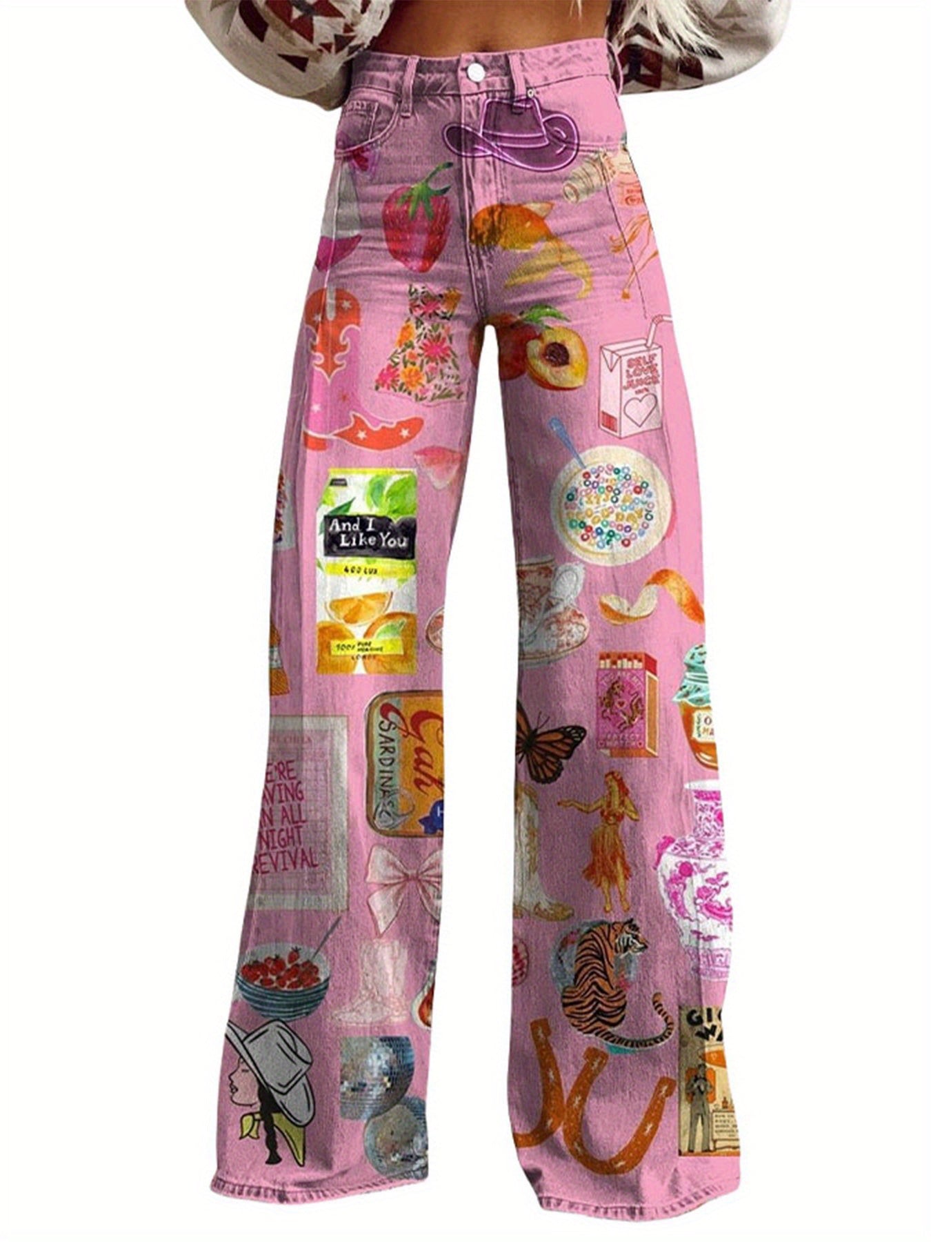 1 Pair of European And American Women'S Retro Style Denim High Waist Wide Trousers, Casual Style, Creative Printing, Suitable for Wearing in All Seasons Denim Women'S Trendy Trousers SS69