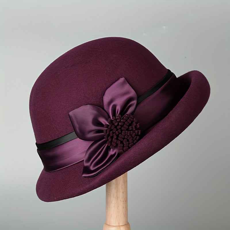 Women'S Elegant English Style Felt Hat - Lightweight Thermal Wide Brimmed Winter Bucket Hat with Brown Neckline, Soft Non-Elastic Design & Ear Flaps, All-Season Snug Fit for Weddings, Parties, New Year'S Events - Machine Wash