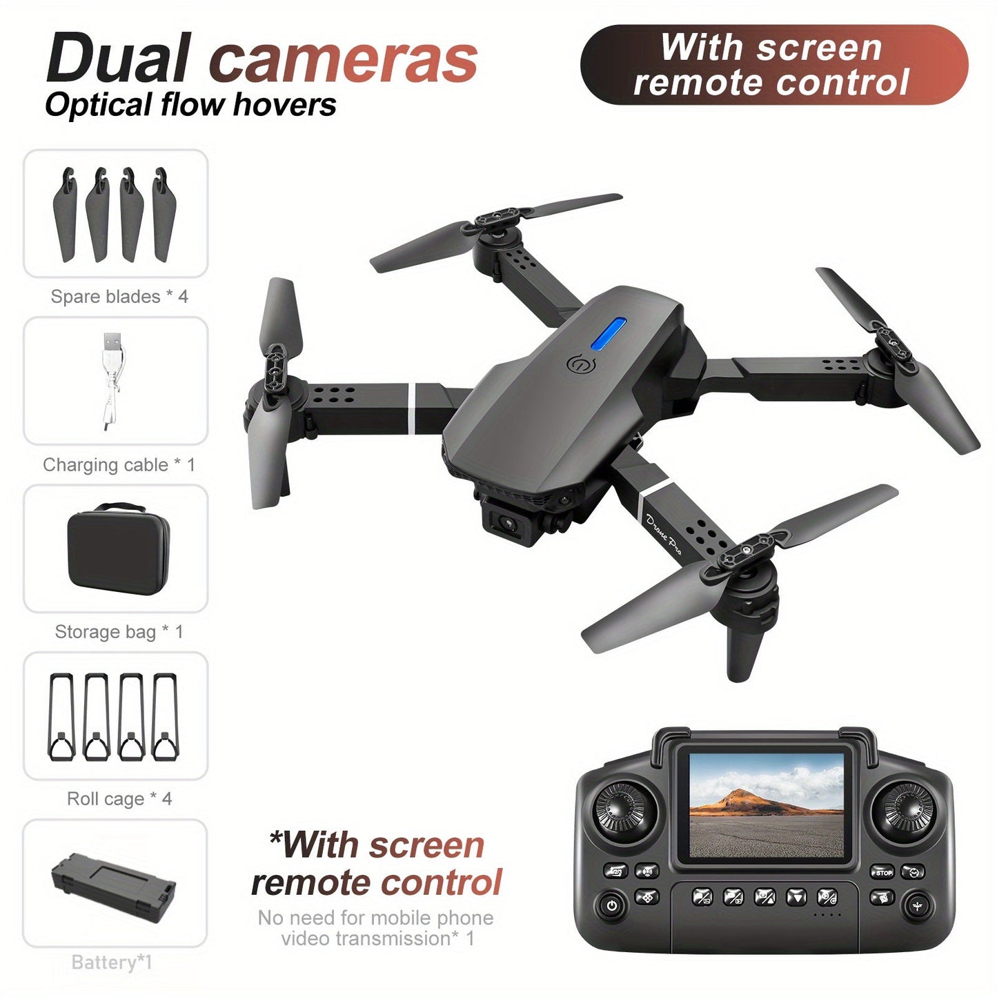 E88 Pro Version 2025 HD Dual Camera Drone with Screen Control - No Cellphone Required, One-Key Takeoff, Wi-Fi App Control, USB Charging, Durable & Reliable, Ideal for Beginners, Perfect Gift for Outdoor Camping and Vloggin SS69 78.69 Black