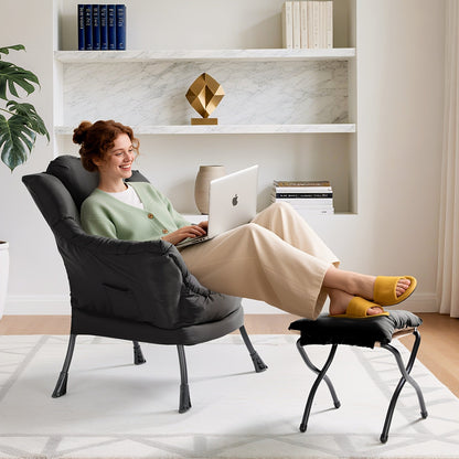 Lazy Chair with Foldable Ottoman, Modern Comfy Lounge Chair, Large Sofa Armchair with Footrest And A Side Pocket, Leisure Reading Chair with Footstool for Bedroom, Living Room, Dorm, Black, Bedroom Seating, Dorm Room Furnitur SS69