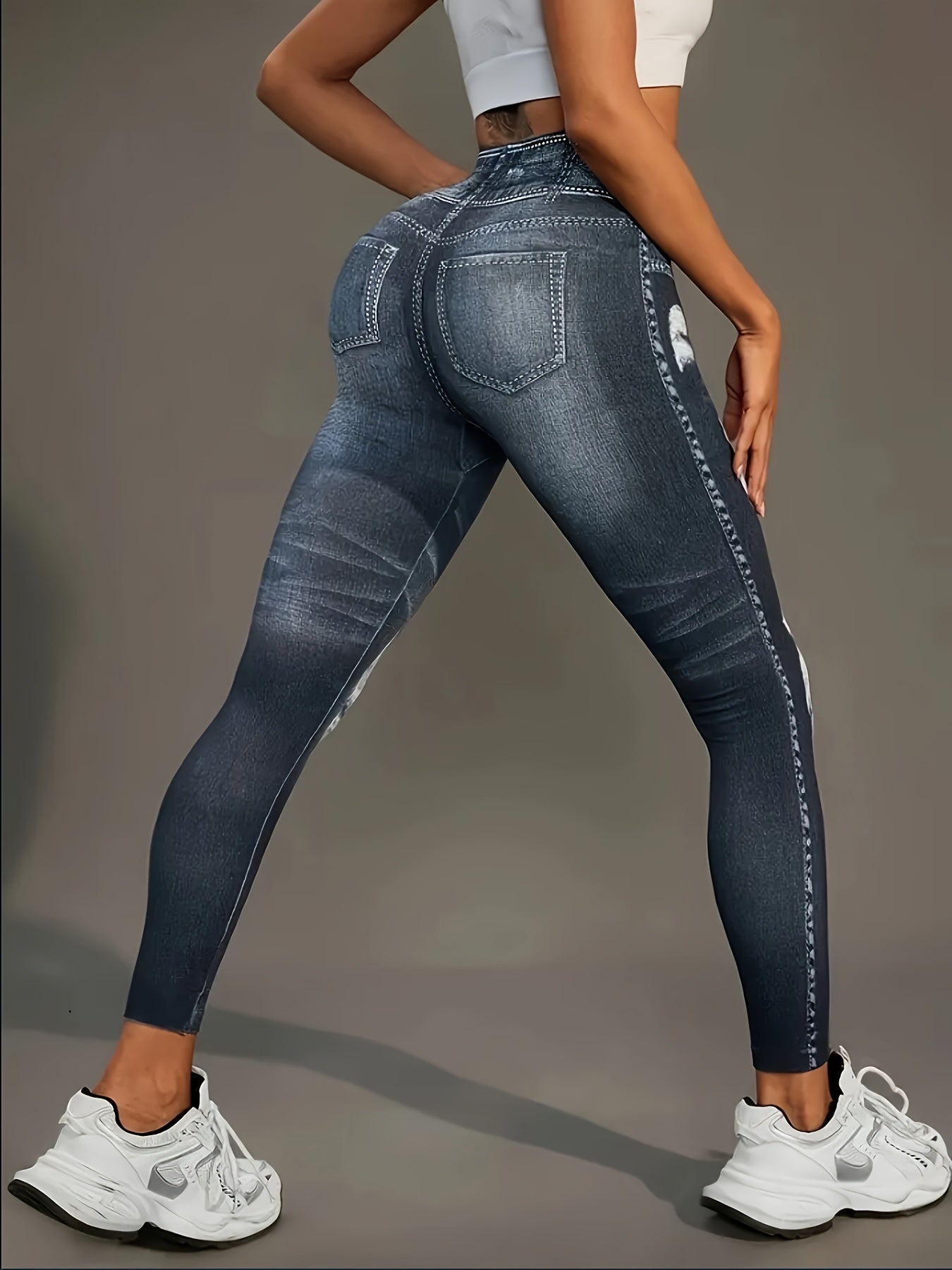 [Denim Print/Imitation Denim] Women's Imitation Denim Print Pants - Stretchy Polyester-Spandex Blend, Full-Body Distressed Design, Faux Pocket, Mid-Rise 9" Length, All-Season Casual & Leggings SS69