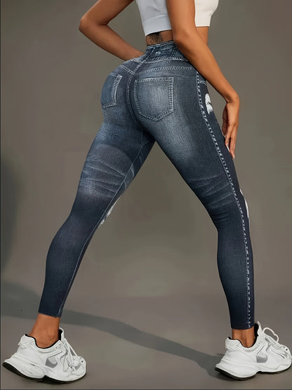 [Denim Print/Imitation Denim] Women's Imitation Denim Print Pants - Stretchy Polyester-Spandex Blend, Full-Body Distressed Design, Faux Pocket, Mid-Rise 9" Length, All-Season Casual & Leggings SS69