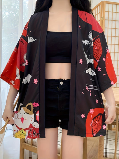 [Costume Delight] Anime Cosplay Kimono Cardigan - Lucky Cat & Festive Motifs, Lightweight Polyester, 3/4 Sleeve, Open Front Shawl - Ideal for Spring/Summer, Sun Protection, Halloween & Christmas Costumes SS69