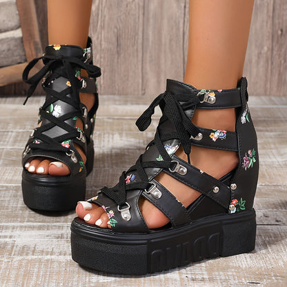 Women's Floral Vintage Sandals, Back Zipper Platform Hollow Lace Up Shoes, Summer Breathable Wedge Holiday Shoes SS69