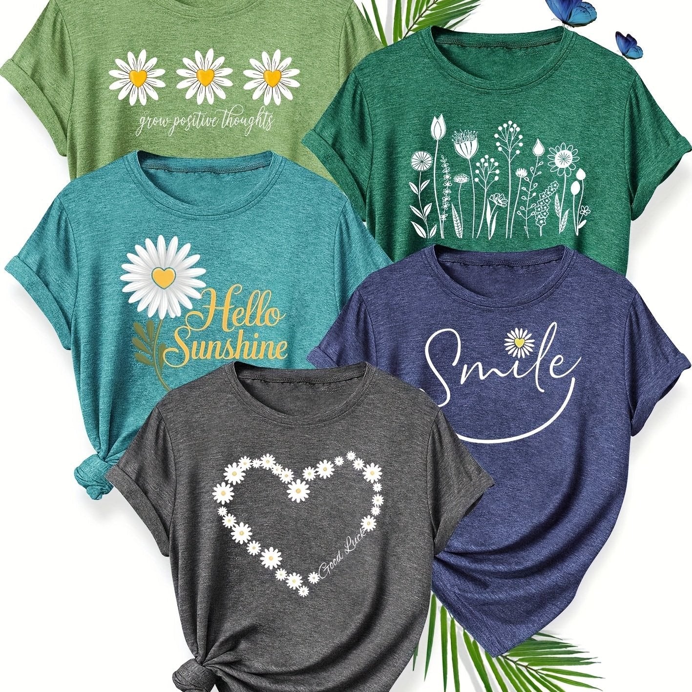 5pcs Women'S Casual Crew Neck Short Sleeve T-Shirts - Floral, Heart, and Smile Print Designs in Purple, Green, Pink, and Blue - Soft Stretch Fabric for Spring, Summer, and Fall, Plus Sizes Available, Plus Size Tee | Floral Pr SS69 48.69 Mix color 5 / XXL