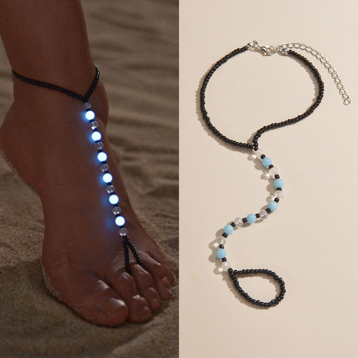 Boho Chic Adjustable Beaded Anklet with Glow-in-the-Dark Features - Summer Beach Vacation Foot Jewelry for Women, Resin Material, Perfect for Parties and Getaways, Vacation Accessory|Glowing Beads|Resin Construction, Beach Ac SS69 7.69 Black