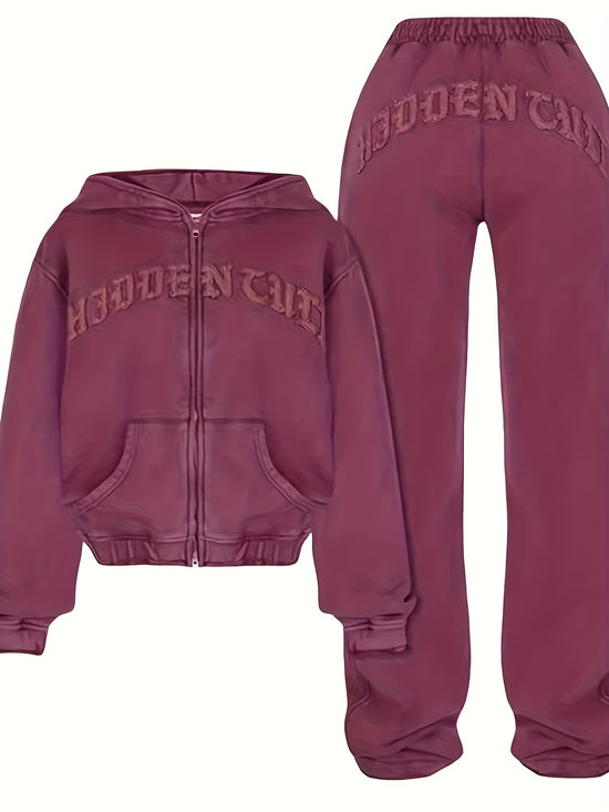 Chic Women's Athletic Set: Full-Zip Hoodie & Slim-Fit Pants - Comfortable, Adjustable, and Stylish with Letter Print Design - SS69