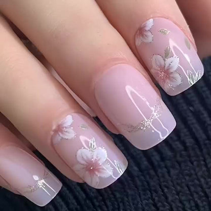 24pcs 3D Floral Press On Nails - Square Medium Length False Nails with Glossy Finish, Vibrant Blue & Red Floral Design, Includes Jelly Glue & Nail File for Women s Summer Manicure, Stylish Fake Nails Creative Beauty Accessory SS69