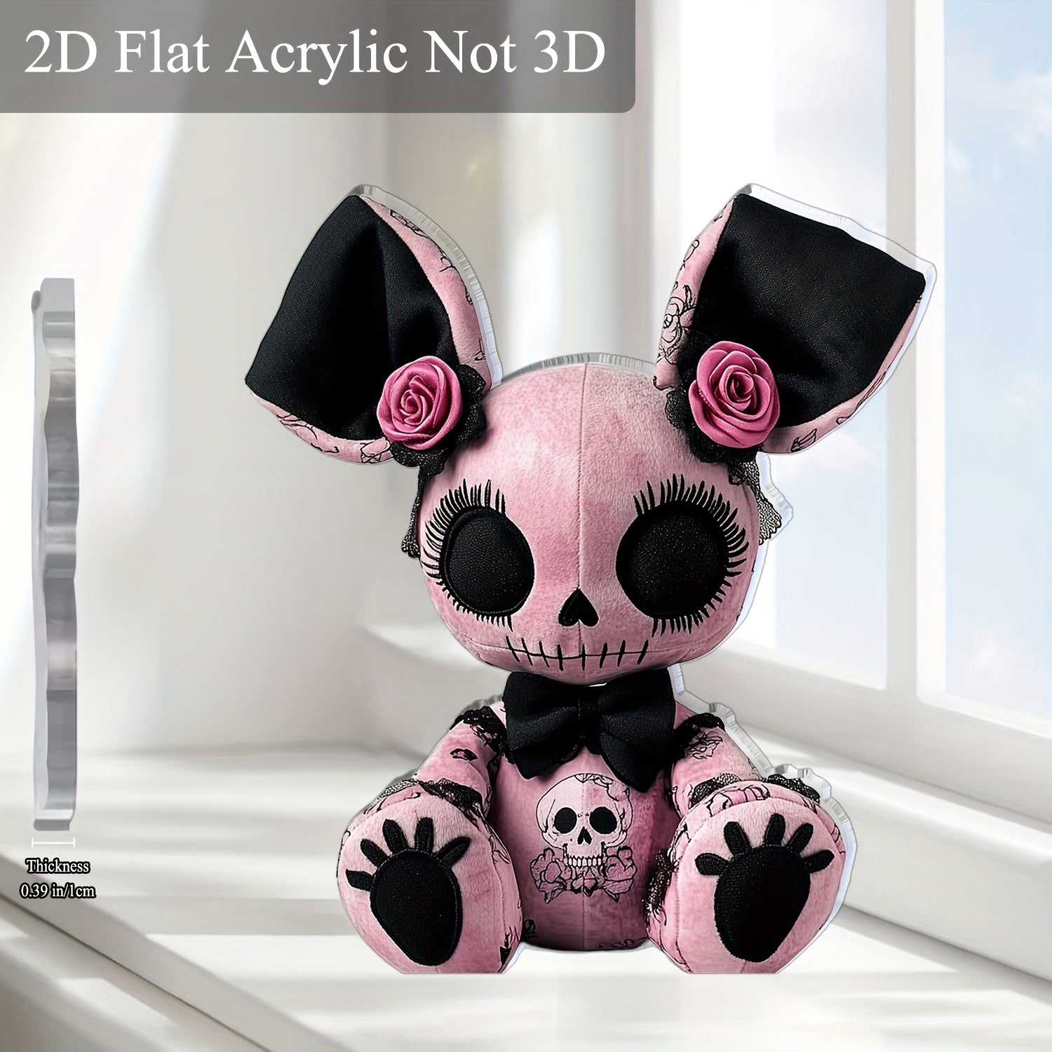 2D Flat, 1pc Gothic Mouse Plush Toy Acrylic Desktop Decor - 2D Print Skull & Rose Design, Black and Pink Style for Halloween Christmas Bar Cafe, 5.9"x 5.11", Friend's gift Idea, Bohemian Aesthetic Craftsmanship, 2D Flat, Chri SS69