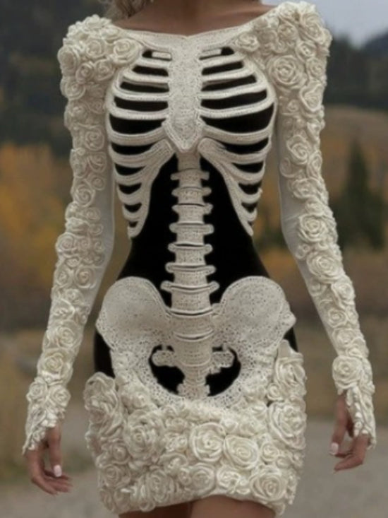 Women's Gothic 3D Skull Sweater - Retro Winter Warm Crewneck Sweater with Skull & Bone Pattern, Long Sleeve Hand Washable Fall Winter Sweater for Halloween Costume or Casual Outfit (Cozy Knitwear) SS69