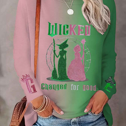 Plus-Size Women'S Wicked the Musical Inspired Graphic T-Shirt - Elphaba & Glinda Print, Gradient Green to Pink Long Sleeve Crew Neck, Comfortable Casual Fall Winter Tops, Machine Washable Themed Party Outfit Casual Attire, Se