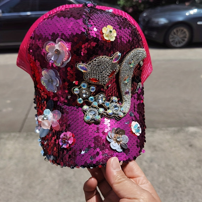 [Anime Baseball Cap] Anime Theme Women's Fashion Baseball Cap - Breathable Mesh, Adjustable Fit, Rhinestones and Floral Embellishments, Hot-stamping Craftsmanship, Sparkling Sequin Duckbill Hat, Carnival/Mardi Gras/Masquerade SS69