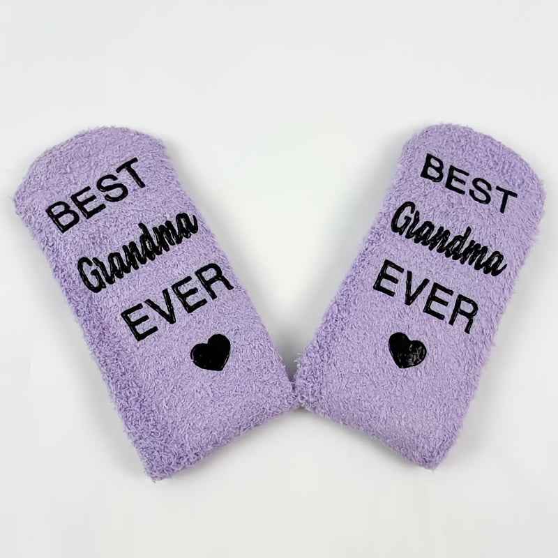 1 Pair Purple Mid-Calf Winter Warm Anti-Slip Knitted Socks with "BEST Grandma EVER" Letter Print, Perfect Gift for Birthdays, Retirement, and Parents