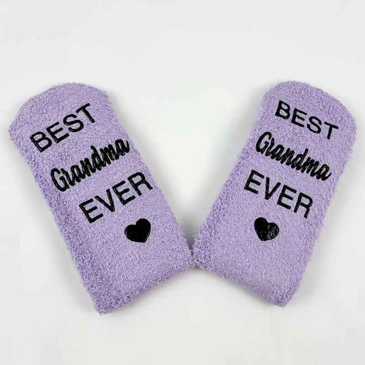 1 Pair Purple Mid-Calf Winter Warm Anti-Slip Knitted Socks with "BEST Grandma EVER" Letter Print, Perfect Gift for Birthdays, Retirement, and Parents
