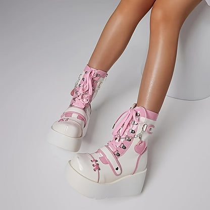 [Goth Rave High Heel Boots] Goth Rave High Heel Round Toe Zipper Wedges Mid Calf Booties - Platform Ankle Boots For Women - Kawaii Shoes SS69