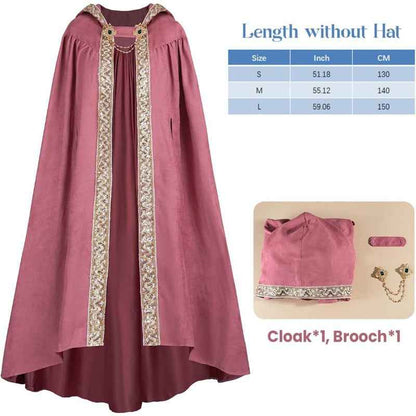 Medieval-Style Hooded Cape Costume, Celtic Knot & Satin Trim, Adjustable Tie-Front Closure, Renaissance Faire Outfit for Renaissance Festival Cosplay Themed Parties, Beige Pink Dark Green Burgundy