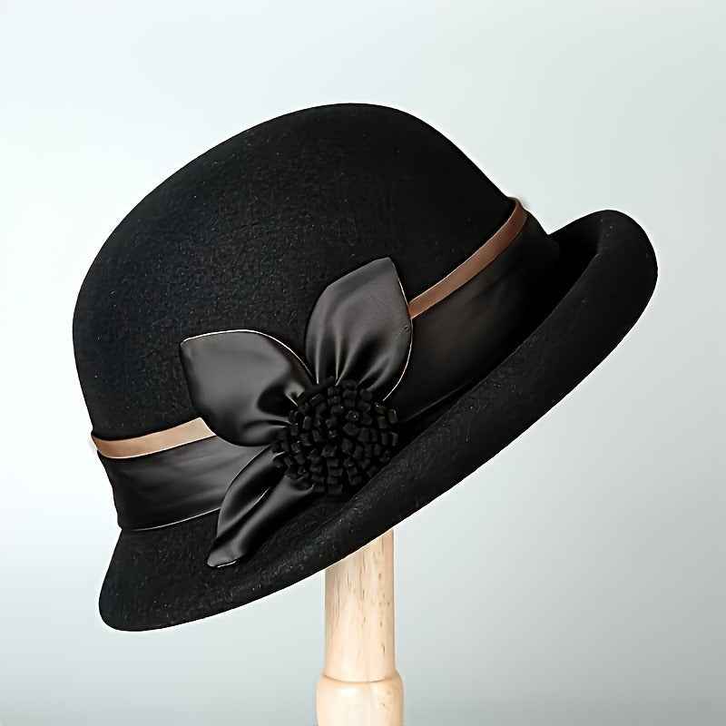 Women'S Elegant English Style Felt Hat - Lightweight Thermal Wide Brimmed Winter Bucket Hat with Brown Neckline, Soft Non-Elastic Design & Ear Flaps, All-Season Snug Fit for Weddings, Parties, New Year'S Events - Machine Wash