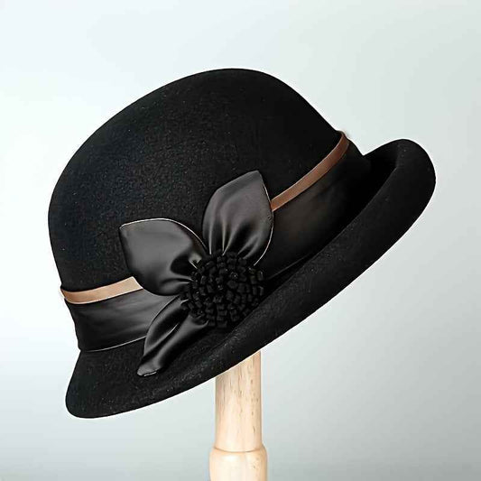 Women'S Elegant English Style Felt Hat - Lightweight Thermal Wide Brimmed Winter Bucket Hat with Brown Neckline, Soft Non-Elastic Design & Ear Flaps, All-Season Snug Fit for Weddings, Parties, New Year'S Events - Machine Wash