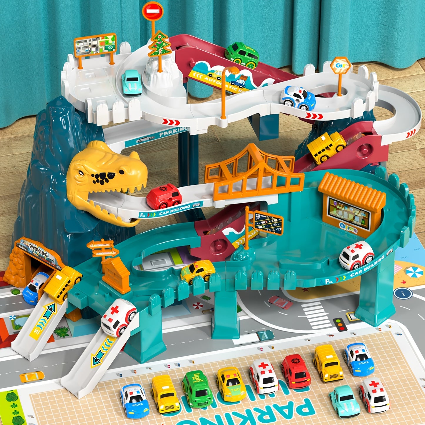 Dinosaur-Themed Racing Track Designed for Toddlers, Featuring a Toy Car Ramp And a Playset That Includes 10 Cars, Suitable for Children Aged 3 to 8 Years.