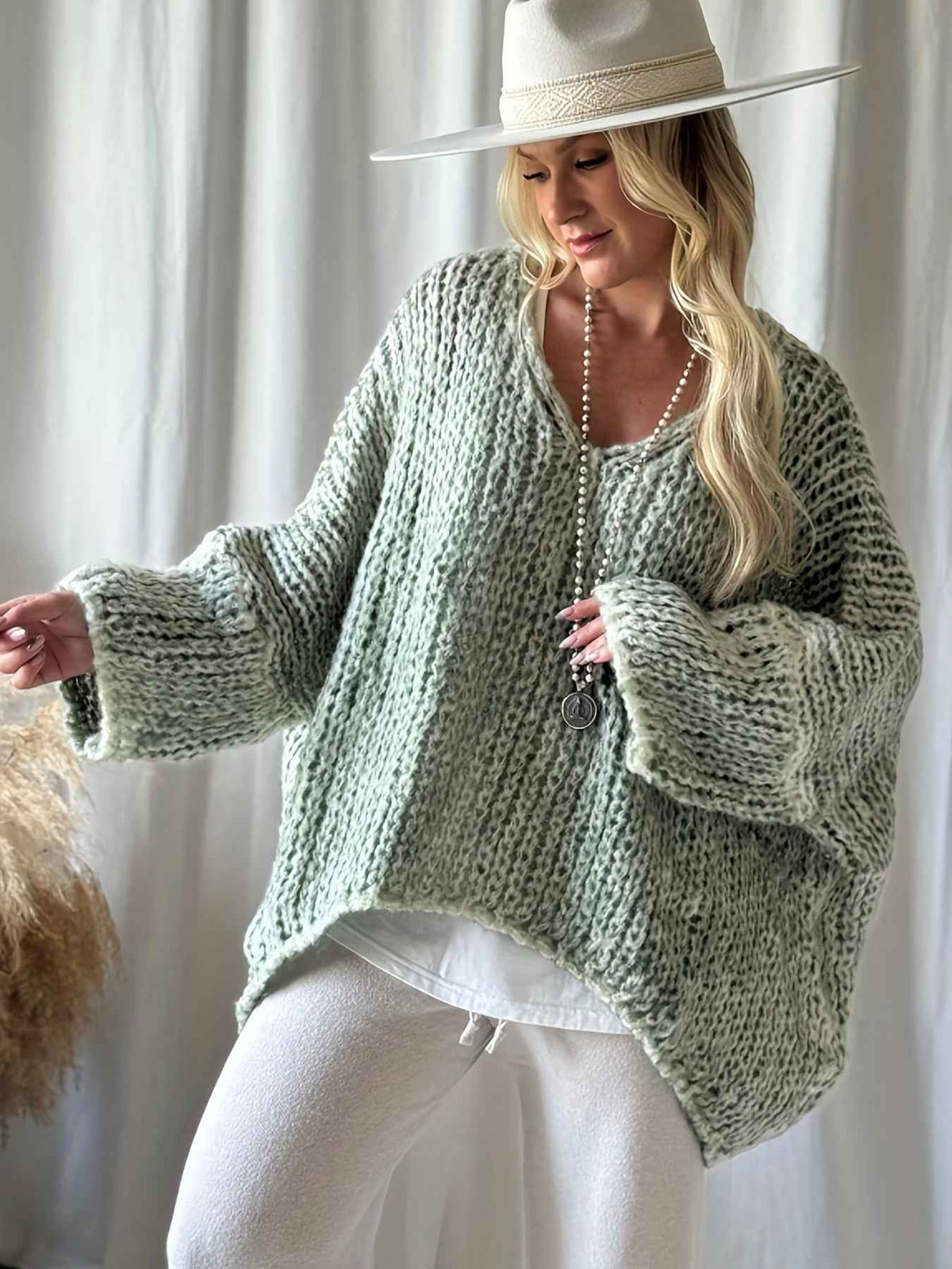 Plus Size, Women's Plus Size Oversized V-Neck Sweater - Winter Warm Solid Color Pullover, Elegant Casual Loose Fit Sweaters for Fall/Winter Layering, Hand Washable Cozy Blouse