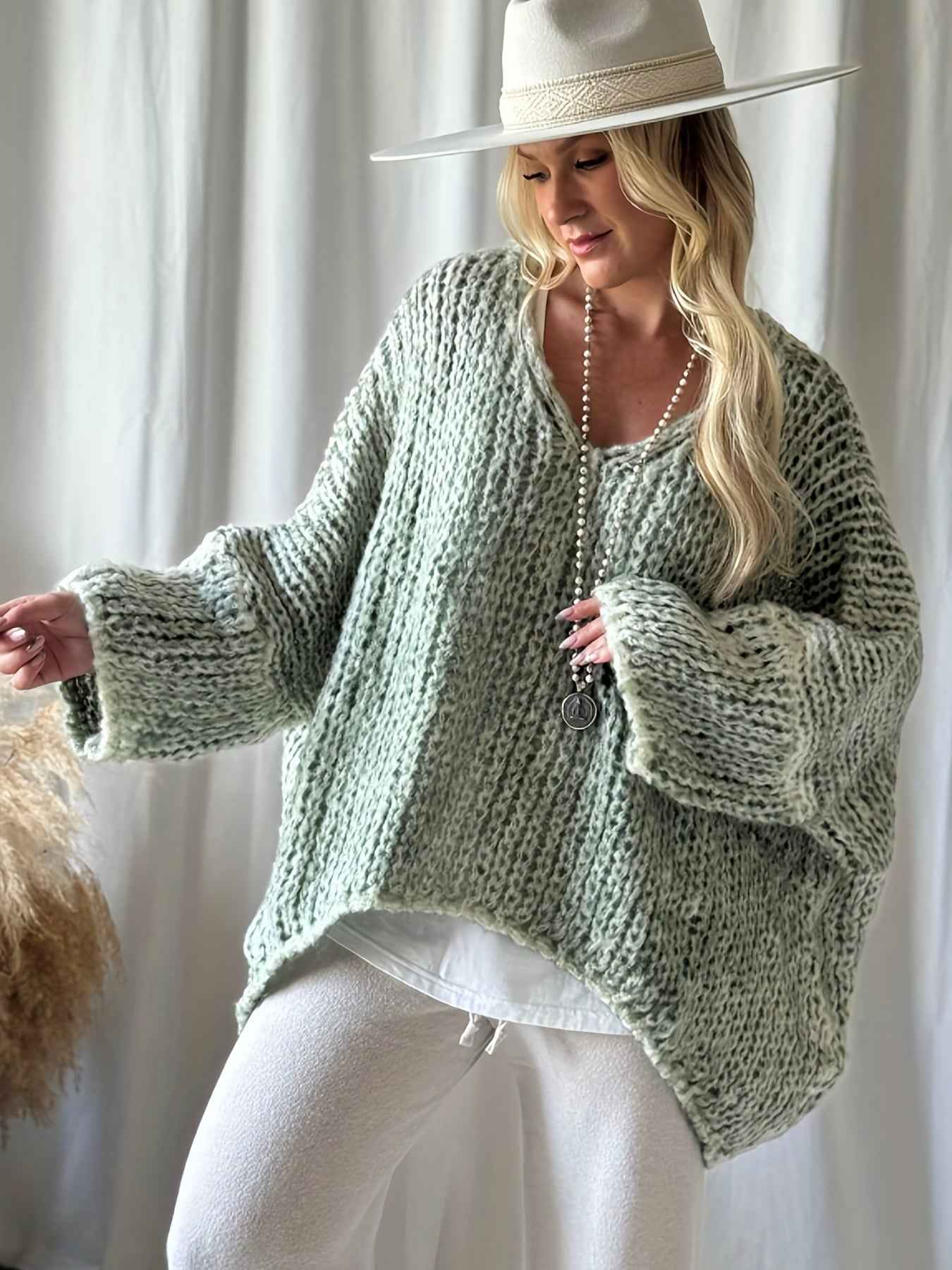 Plus Size, Women's Plus Size Oversized V-Neck Sweater - Winter Warm Solid Color Pullover, Elegant Casual Loose Fit Sweaters for Fall/Winter Layering, Hand Washable Cozy Blouse