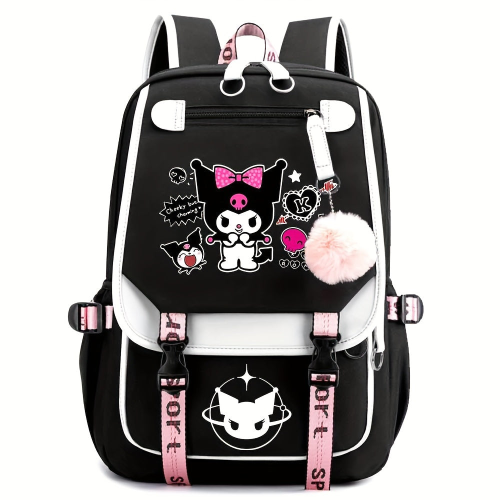 Sanrio for kuromi Backpack - Cute Cartoon Laptop Bag with Pink Bows, Large Capacity Travel Backpack for Women, Durable Polyester Lining, Multiple Compartments, Black/White, Backpack for Travel, Casual Daypack, Playful Design,