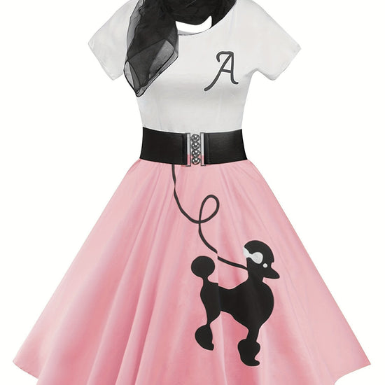 [Retro Skater Dress] Retro Poodle Print Women's Skater Dress | Vintage High Waist Rockabilly Swing Tee Cute Dresses SS69 26.69 Pink Red Color / XXL