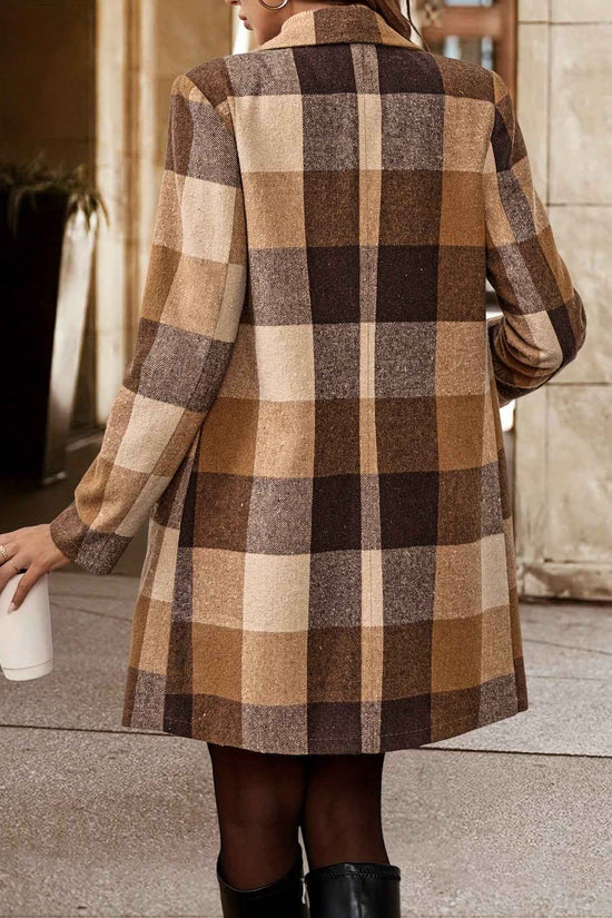 Plus Size - Plus Size - Plus Size Women'S Elegant Double-Breasted Plaid Jacket - Mid-Length Lapel Collar with Pockets, Long Sleeve, Non-Stretch Fabric, Fall/Winter Outerwear, Brown & Checkered Pattern, Casual Chic Style, Casu