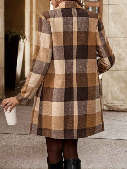 Plus Size - Plus Size - Plus Size Women'S Elegant Double-Breasted Plaid Jacket - Mid-Length Lapel Collar with Pockets, Long Sleeve, Non-Stretch Fabric, Fall/Winter Outerwear, Brown & Checkered Pattern, Casual Chic Style, Casu