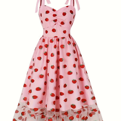 Women's 1950s Retro Vintage Dress Adjustable Spaghetti Straps Mesh Strawberry Swing Dress Cocktail Dress SS69 31.69 【Red】 / L