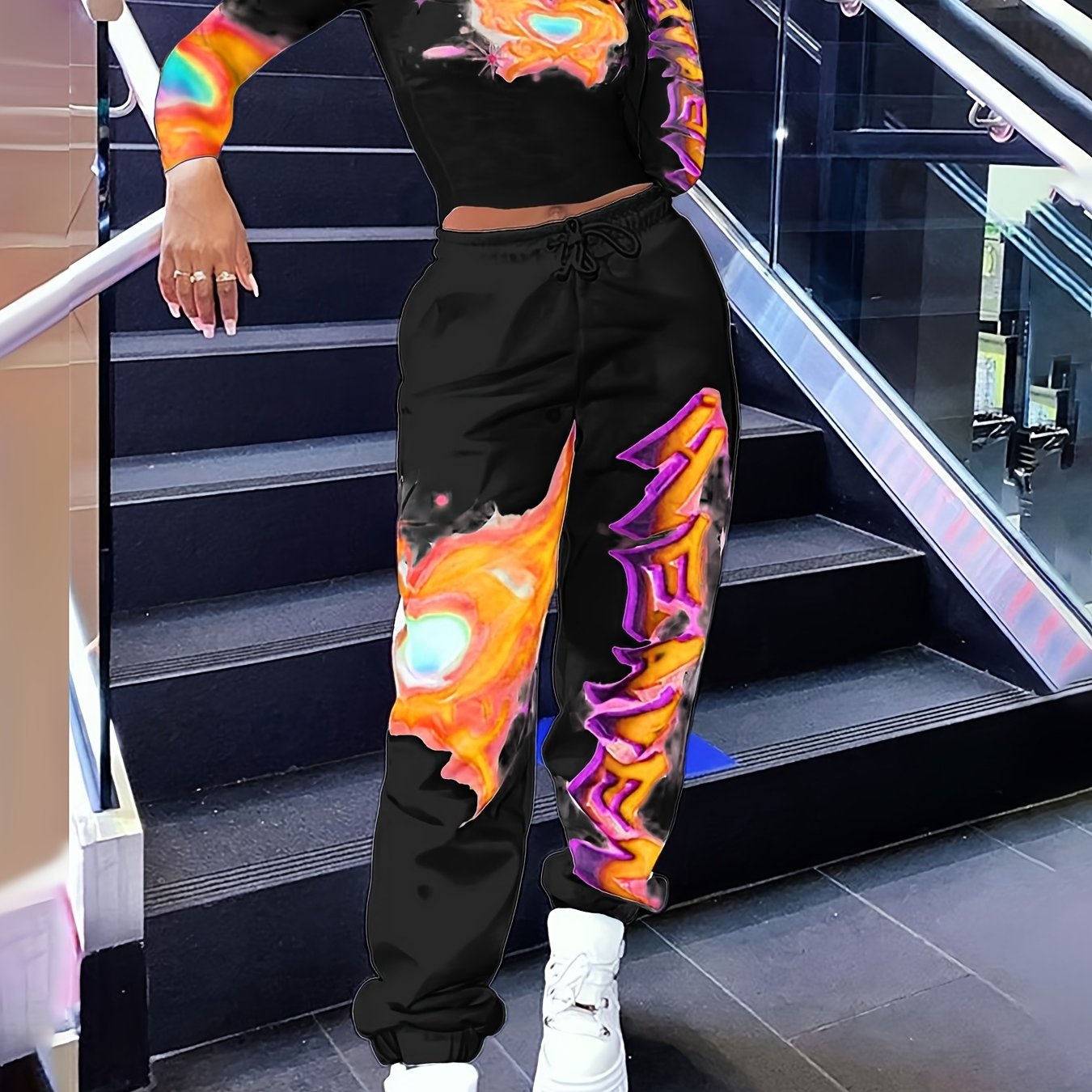[Vibrant Y2K-Inspired Activewear Set] Vibrant Y2K-Inspired Heart & Letter Print Activewear Set - Long Sleeve Crop Top & Drawstring Joggers, Polyester/Spandex Blend, Perfect for Daily Fitness & Outdoor Fashion - SS69
