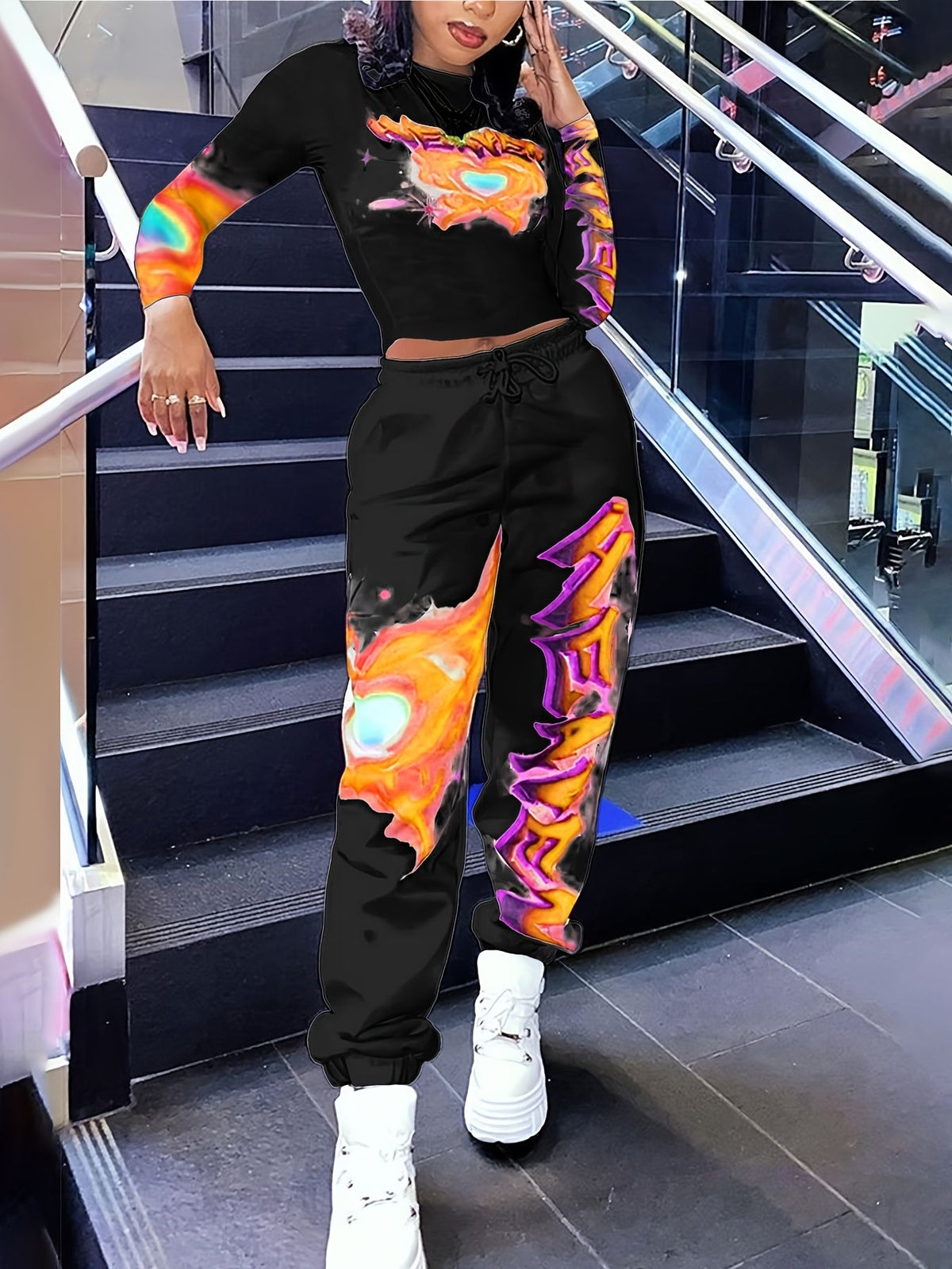 [Vibrant Y2K-Inspired Activewear Set] Vibrant Y2K-Inspired Heart & Letter Print Activewear Set - Long Sleeve Crop Top & Drawstring Joggers, Polyester/Spandex Blend, Perfect for Daily Fitness & Outdoor Fashion SS69