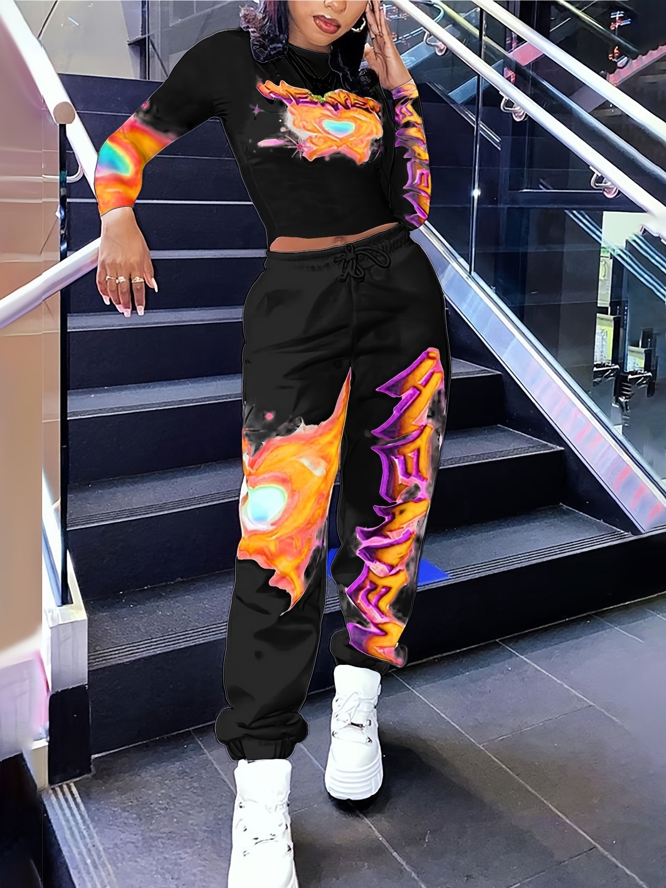 [Vibrant Y2K-Inspired Activewear Set] Vibrant Y2K-Inspired Heart & Letter Print Activewear Set - Long Sleeve Crop Top & Drawstring Joggers, Polyester/Spandex Blend, Perfect for Daily Fitness & Outdoor Fashion SS69