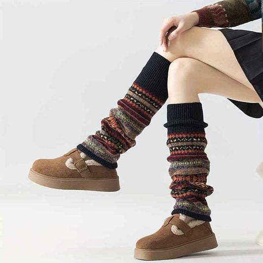 [Bohemian Leg Warmers] 1/2 Pair Women's Bohemian Leg Warmers - Cozy Geometric Pattern, Thick Warm Fleece-Lined Cuffs, Brown & Beige, Perfect for Fall & Winter, Winter Leg Warmers | Bohemian Style | Construction, Leg Warmers f