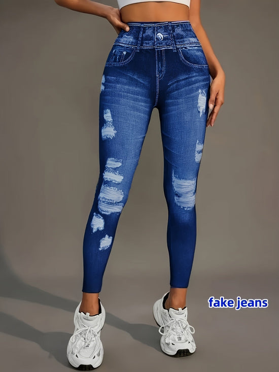 [Denim Print/Imitation Denim] Women's Imitation Denim Print Pants - Stretchy Polyester-Spandex Blend, Full-Body Distressed Design, Faux Pocket, Mid-Rise 9