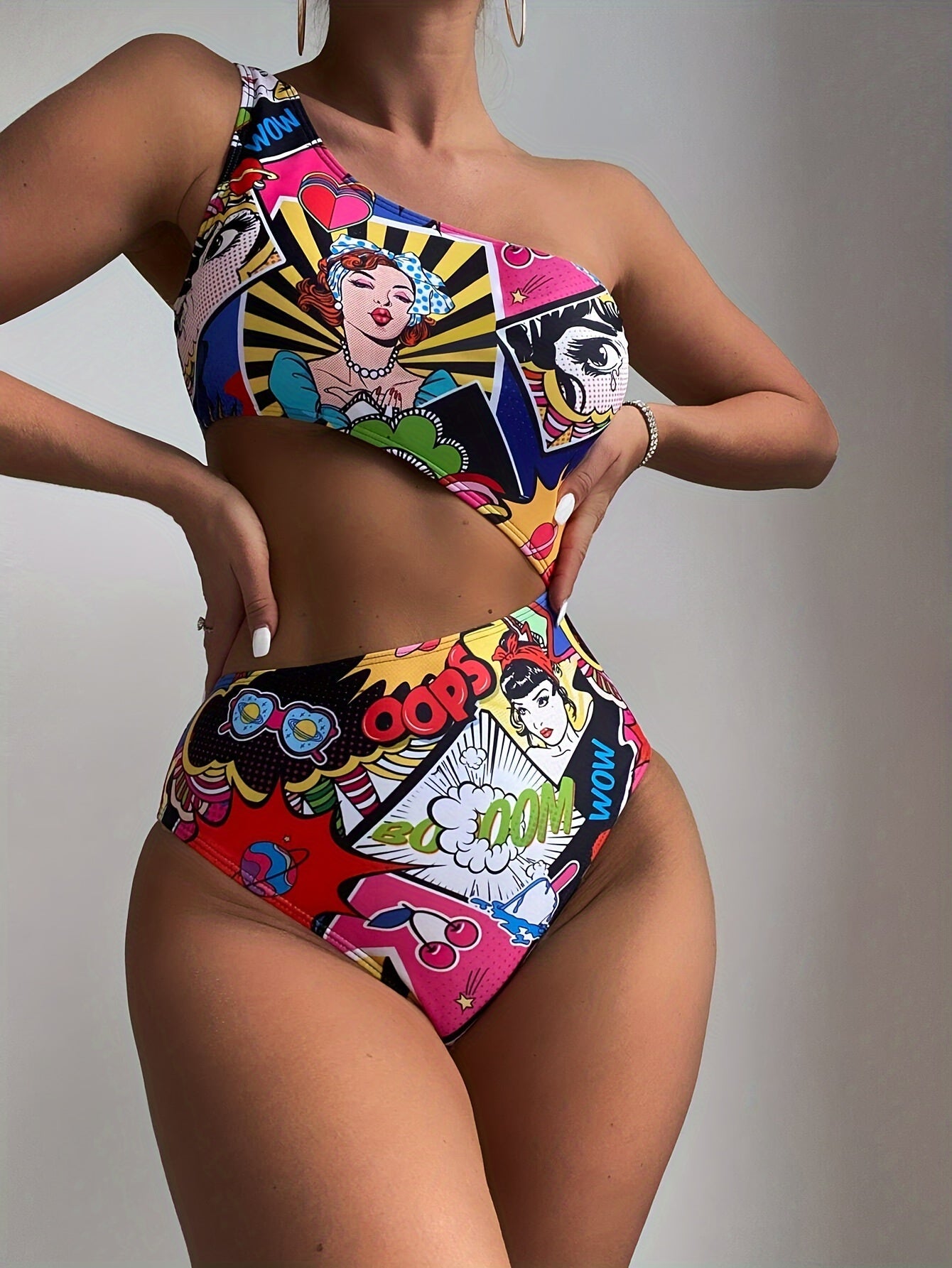 Women'S Vibrant One-Shoulder Swimsuit with Colorful Cartoon Characters - High Stretch, Asymmetrical Design, Perfect for Beach and Pool, Pool Swimsuit|Playful Design|One Shoulder Swimsui SS69
