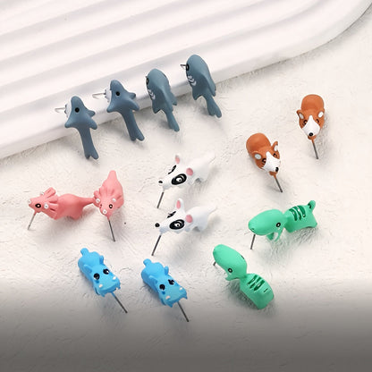 "Charming" 14-piece Cute Animal Earring Set - Dinosaur, Puppy And Whale Designs - Fun Clay-bite Jewelry Gift Fun Gifts And Accessories SS69